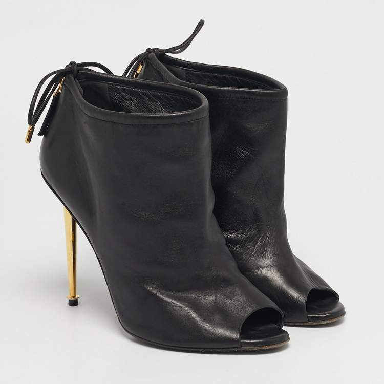 Pre Owned Tom Ford Size 38 Black Leather Peep Toe Ankle Length Boots