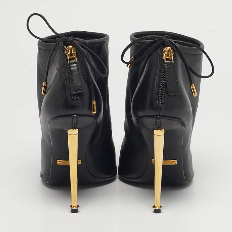 Pre Owned Tom Ford Size 38 Black Leather Peep Toe Ankle Length Boots