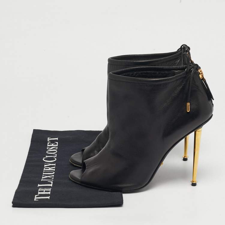 Pre Owned Tom Ford Size 38 Black Leather Peep Toe Ankle Length Boots