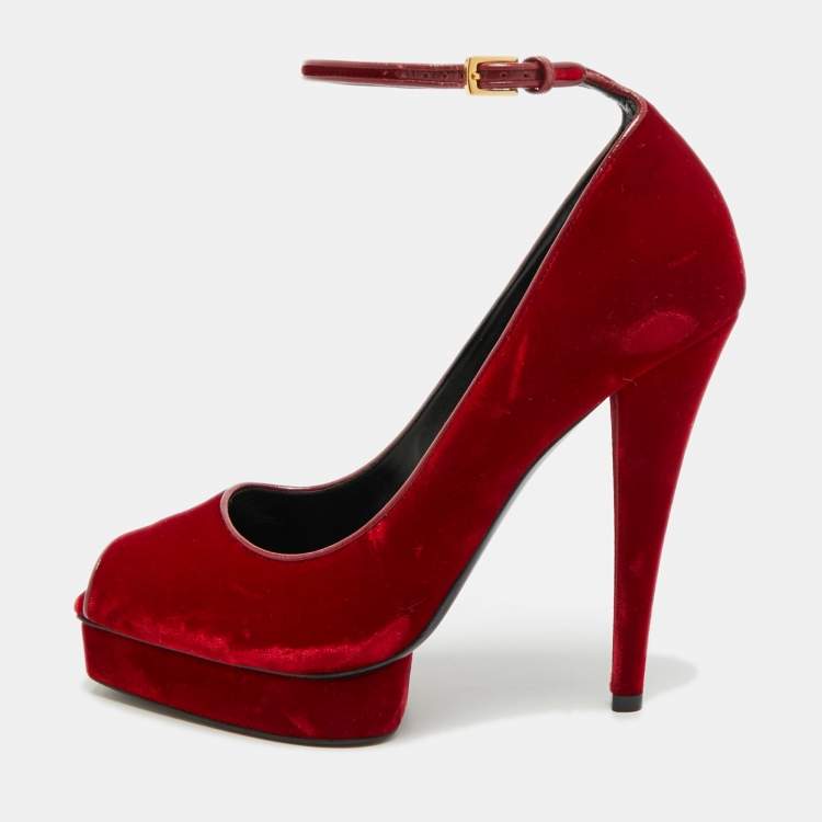 Pre Owned Tom Ford Size 39.5 Red Velvet Peep Toe Pumps
