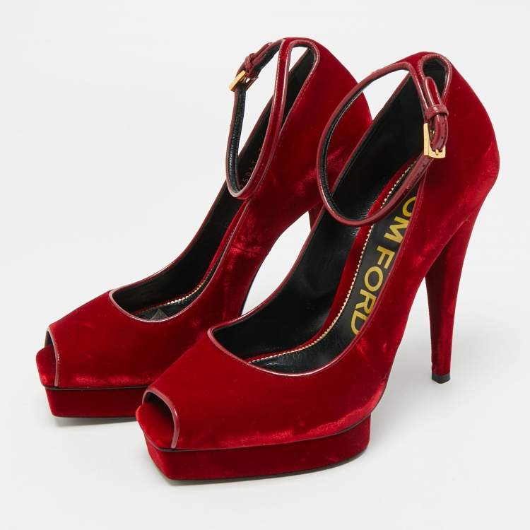 Pre Owned Tom Ford Size 39.5 Red Velvet Peep Toe Pumps