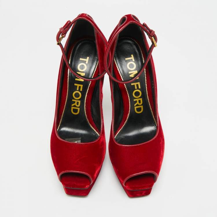 Pre Owned Tom Ford Size 39.5 Red Velvet Peep Toe Pumps