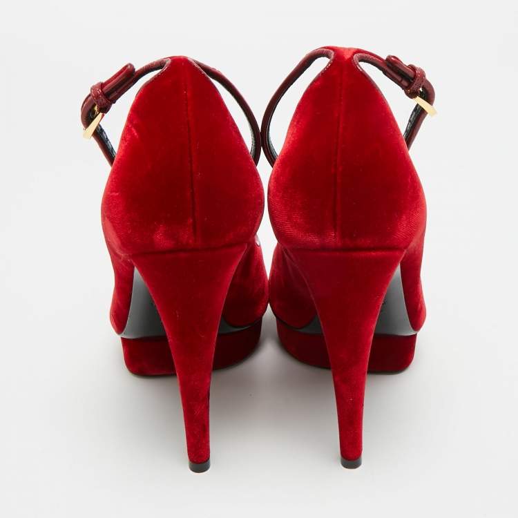 Pre Owned Tom Ford Size 39.5 Red Velvet Peep Toe Pumps