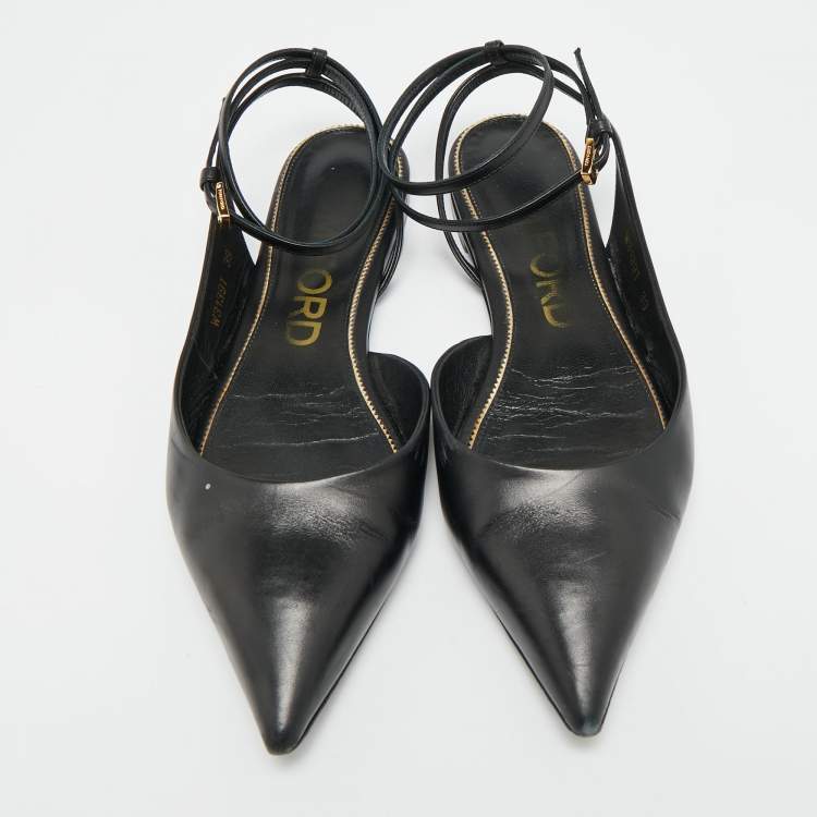 Pre Owned Tom Ford Size 39 Black Leather Ankle Strap Ballet Flats