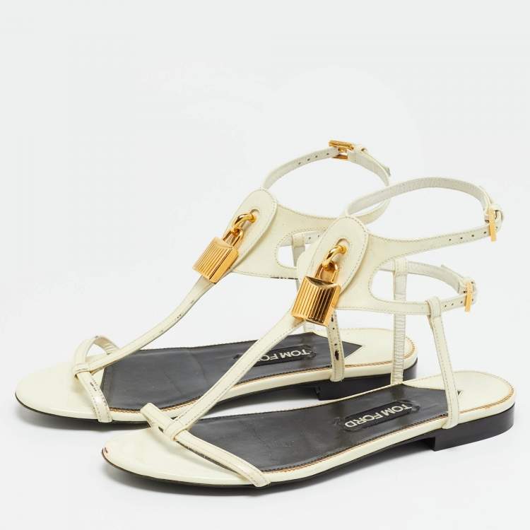 Pre Owned Tom Ford Padlock Size 37.5 White Patent Leather Ankle Strap Flats