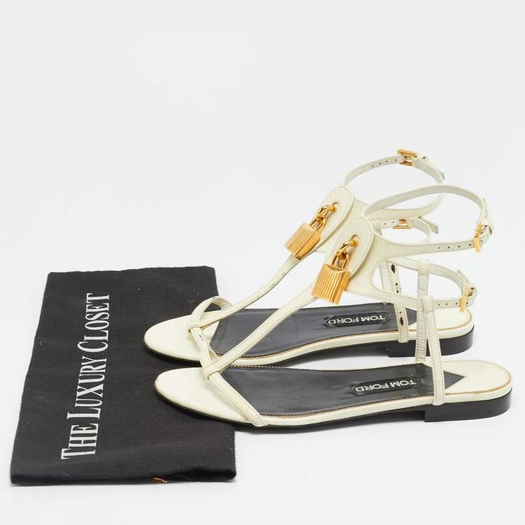 Pre Owned Tom Ford Padlock Size 37.5 White Patent Leather Ankle Strap Flats