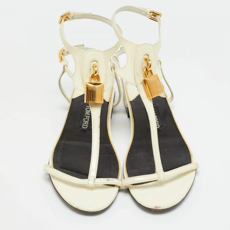Pre Owned Tom Ford Padlock Size 37.5 White Patent Leather Ankle Strap Flats