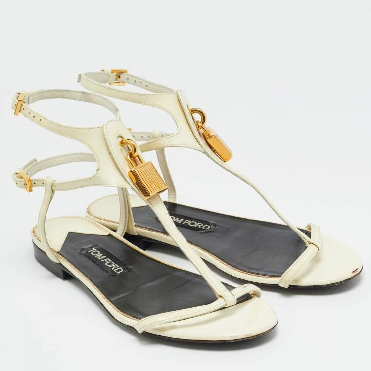 Pre Owned Tom Ford Padlock Size 37.5 White Patent Leather Ankle Strap Flats