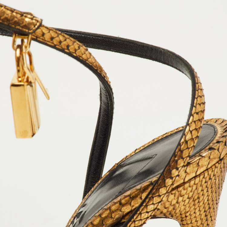 Pre Owned Tom Ford Padlock Size 36.5 Gold Snakeskin Ankle Strap Sandals