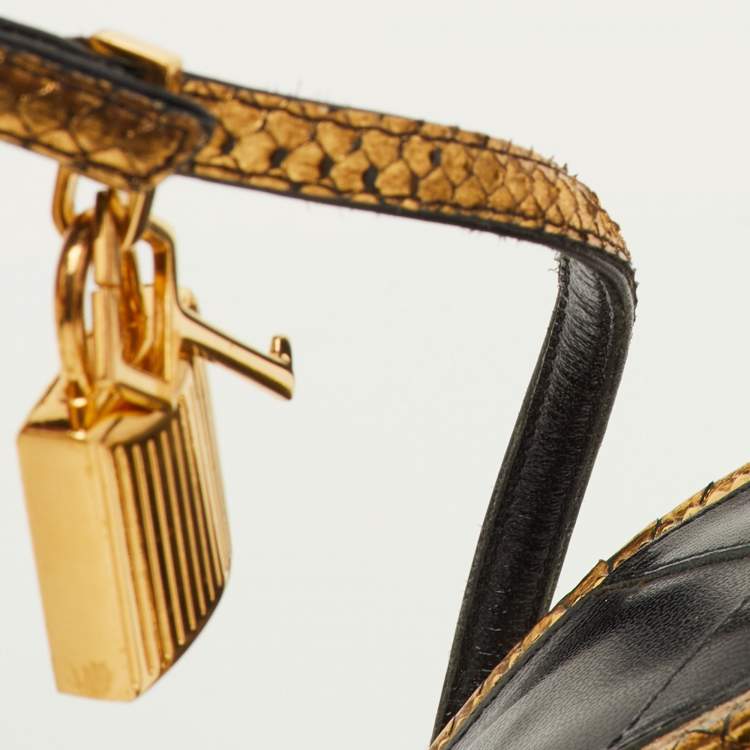 Pre Owned Tom Ford Padlock Size 36.5 Gold Snakeskin Ankle Strap Sandals