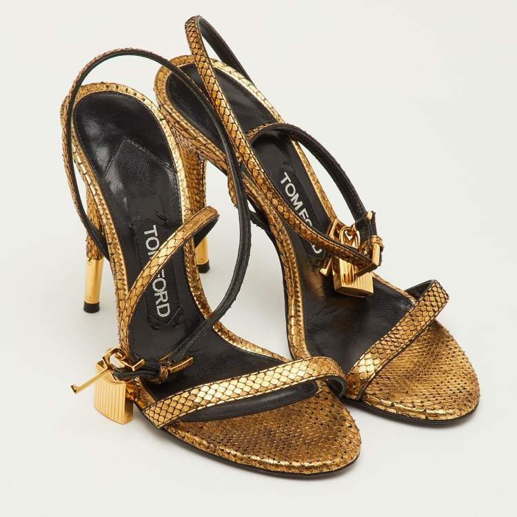 Pre Owned Tom Ford Padlock Size 36.5 Gold Snakeskin Ankle Strap Sandals