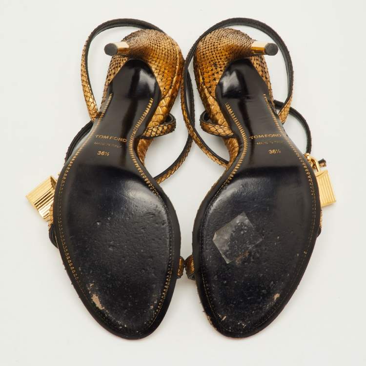 Pre Owned Tom Ford Padlock Size 36.5 Gold Snakeskin Ankle Strap Sandals
