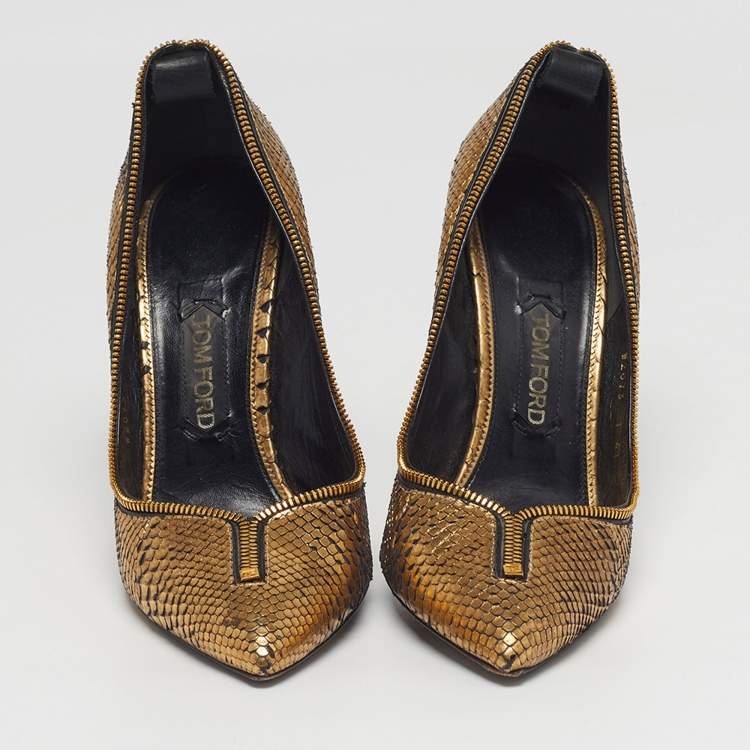 Pre Owned Tom Ford Size 41 Gold Metallic Python Leather Pumps
