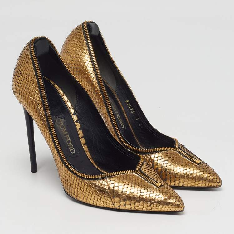 Pre Owned Tom Ford Size 41 Gold Metallic Python Leather Pumps