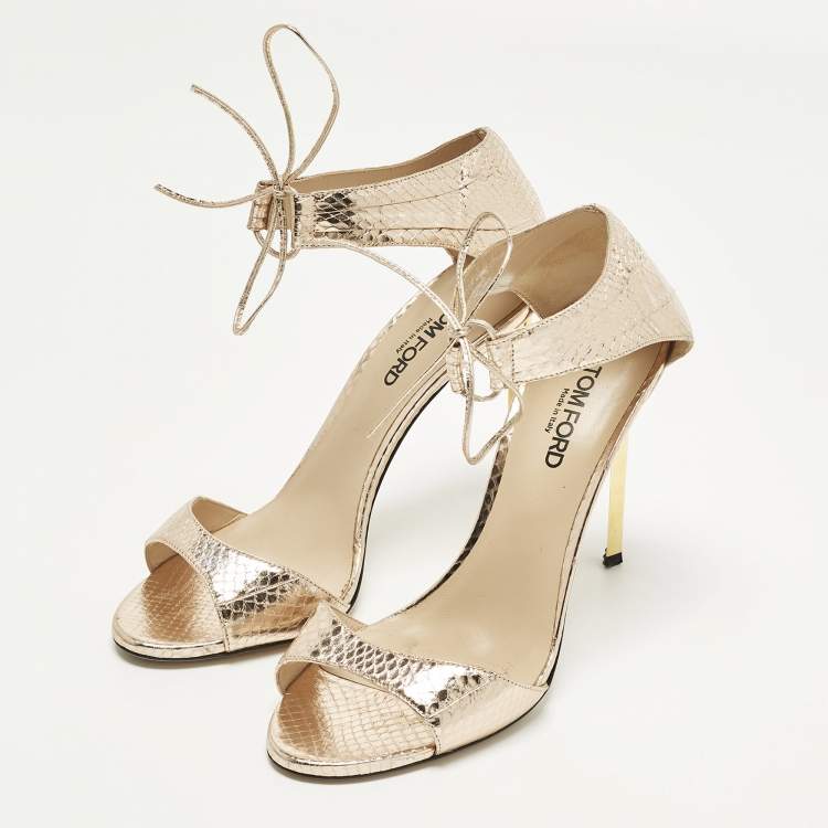Pre Owned Tom Ford Size 40 Gold Python Embossed Leather Ankle Strap Sandals