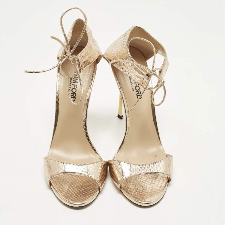Pre Owned Tom Ford Size 40 Gold Python Embossed Leather Ankle Strap Sandals