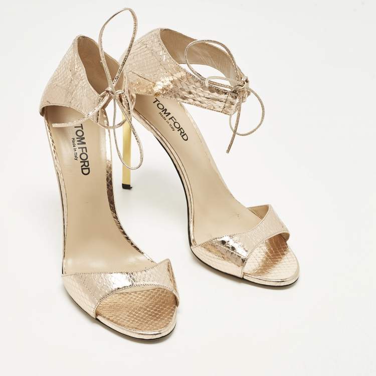 Pre Owned Tom Ford Size 40 Gold Python Embossed Leather Ankle Strap Sandals