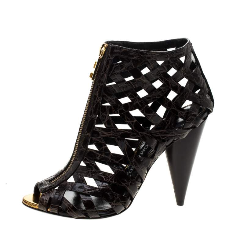 Pre Owned Tom Ford Brown Croc Embossed Leather Cutout Peep Toe Sandals Size 39