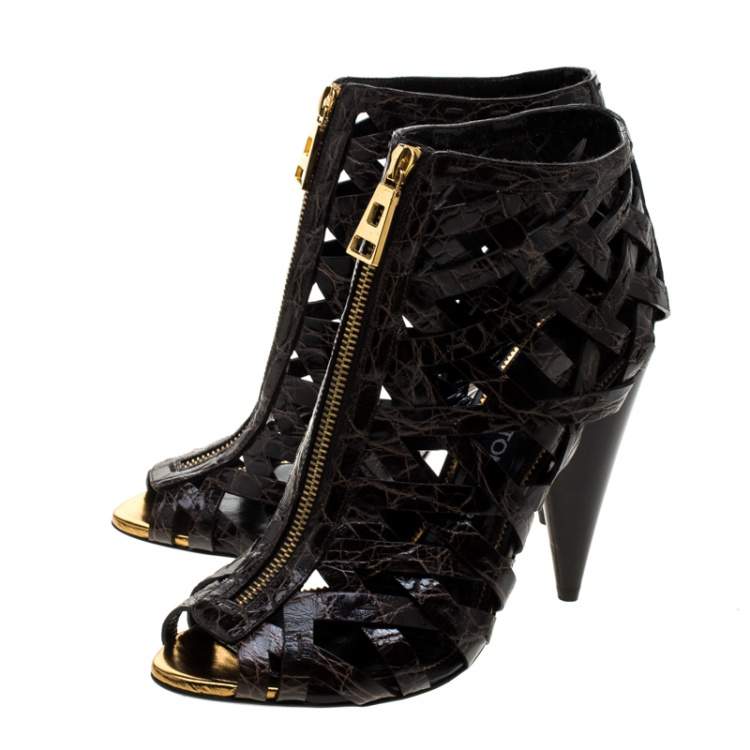Pre Owned Tom Ford Brown Croc Embossed Leather Cutout Peep Toe Sandals Size 39