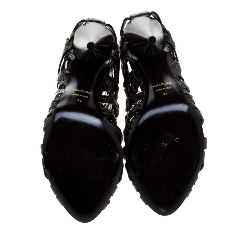 Pre Owned Tom Ford Brown Croc Embossed Leather Cutout Peep Toe Sandals Size 39