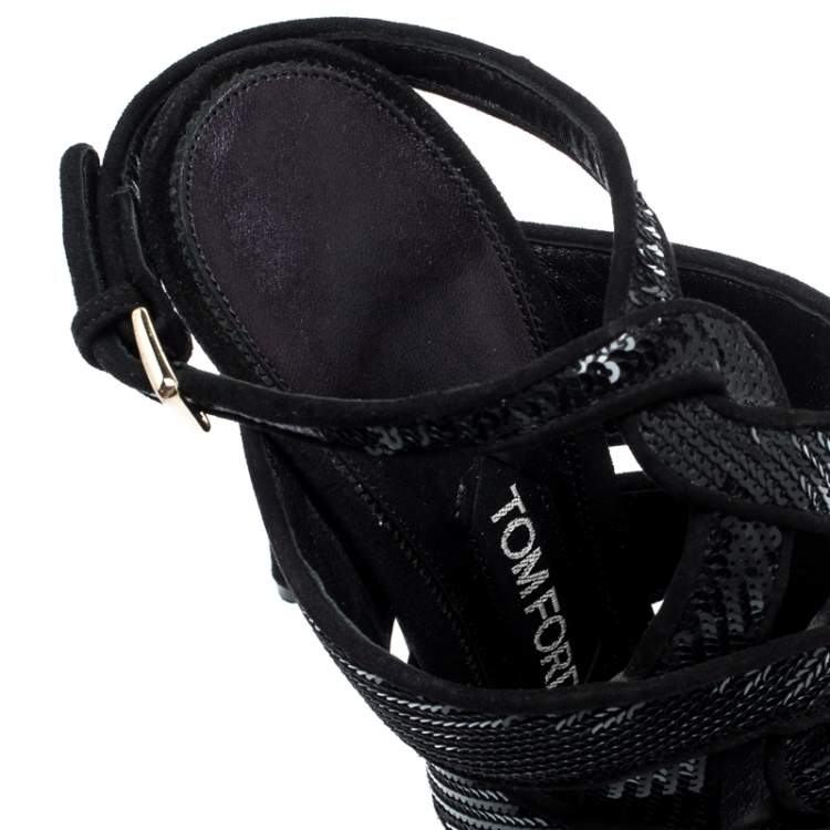 Pre Owned Tom Ford Black Sequin And Suede Trim Antique Crossover Sandals Size 39