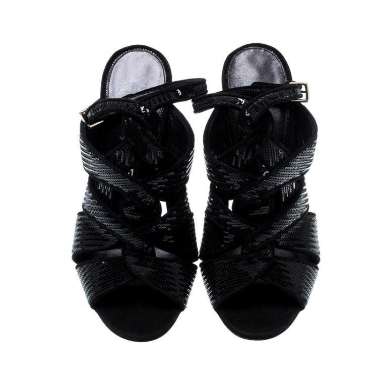 Pre Owned Tom Ford Black Sequin And Suede Trim Antique Crossover Sandals Size 39