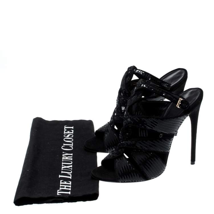 Pre Owned Tom Ford Black Sequin And Suede Trim Antique Crossover Sandals Size 39