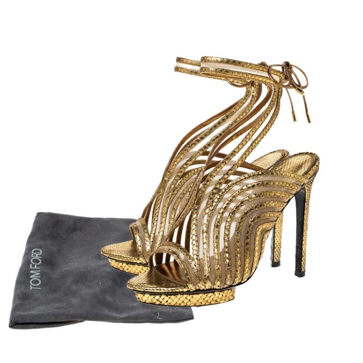 Pre Owned Tom Ford Gold Metallic Gold Python Leather Strappy Sandals Size 39