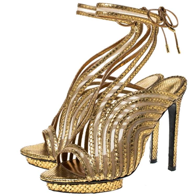 Pre Owned Tom Ford Gold Metallic Gold Python Leather Strappy Sandals Size 39