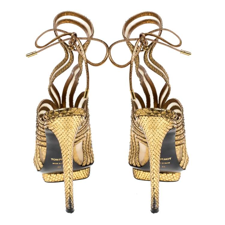 Pre Owned Tom Ford Gold Metallic Gold Python Leather Strappy Sandals Size 39