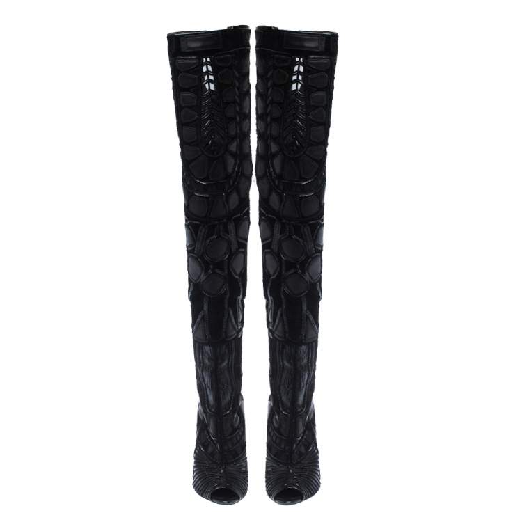 Pre Owned Tom Ford Black Leather/Lace Peep Toe Over The Knee Boots Size 37.5