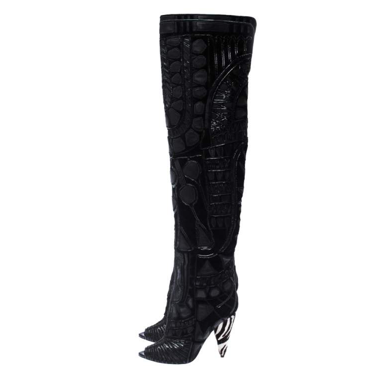 Pre Owned Tom Ford Black Leather/Lace Peep Toe Over The Knee Boots Size 37.5