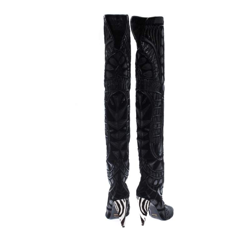 Pre Owned Tom Ford Black Leather/Lace Peep Toe Over The Knee Boots Size 37.5