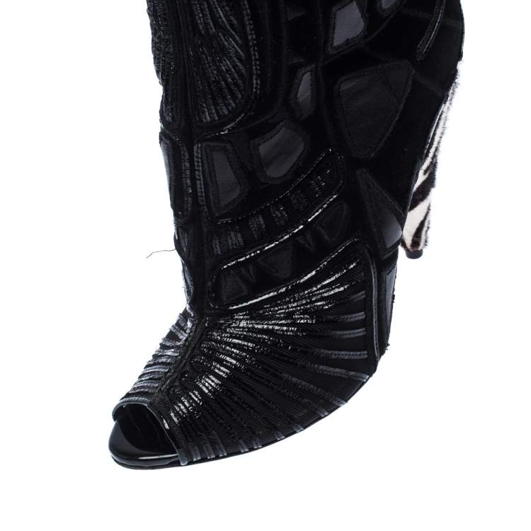 Pre Owned Tom Ford Black Leather/Lace Peep Toe Over The Knee Boots Size 37.5