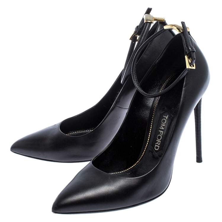 Pre Owned Tom Ford Black Leather Pointed Toe Ankle Strap Pumps Size 38
