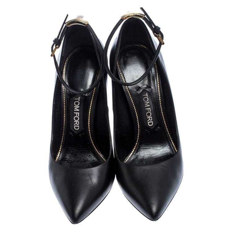 Pre Owned Tom Ford Black Leather Pointed Toe Ankle Strap Pumps Size 38