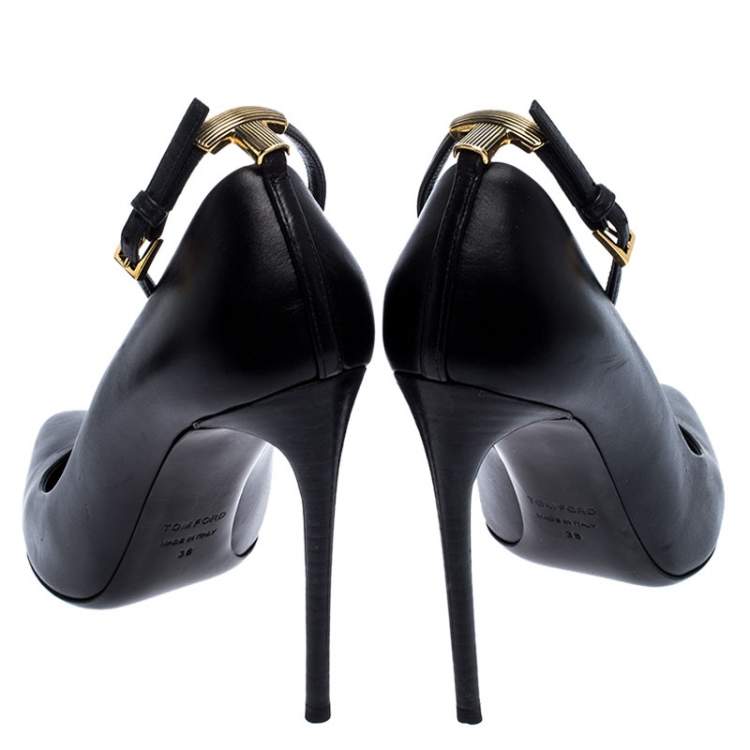 Pre Owned Tom Ford Black Leather Pointed Toe Ankle Strap Pumps Size 38