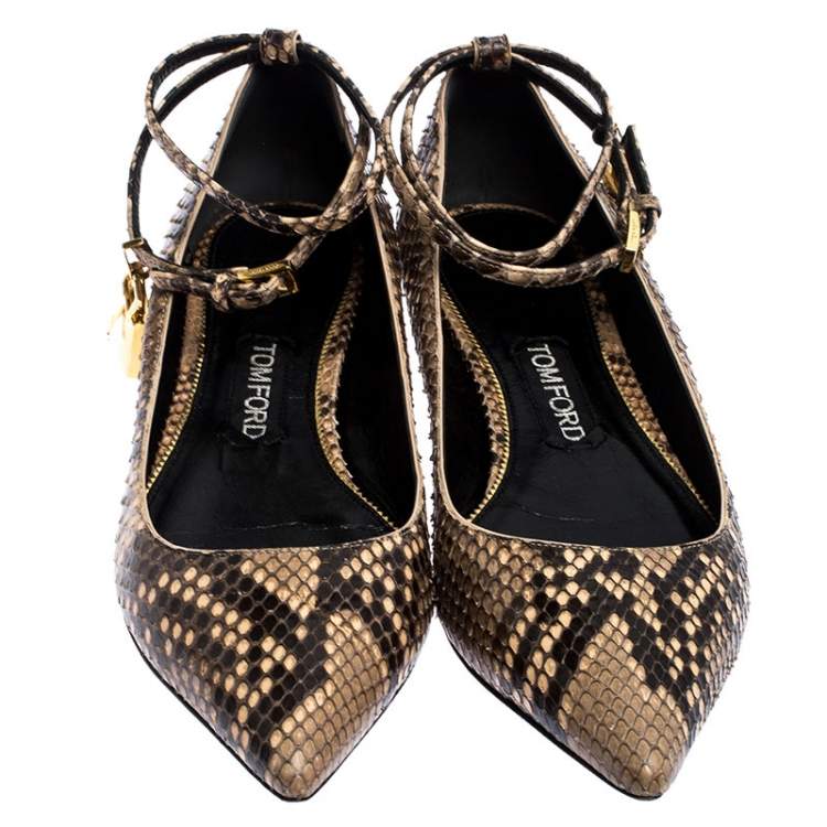 Pre Owned Tom Ford Multicolor Python Leather Ankle Wrap Lock Ballet Flats Size 38
