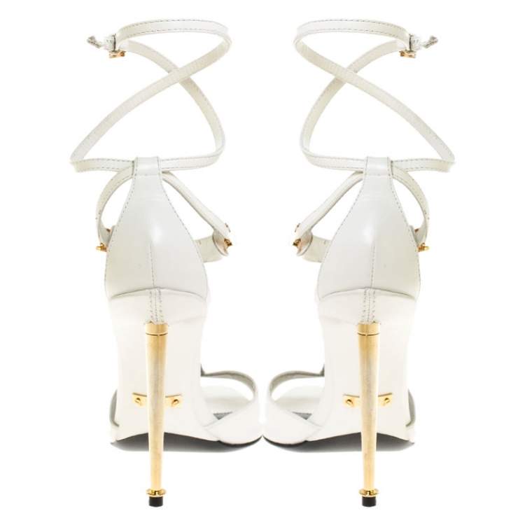 Pre Owned Tom Ford White Leather Gold-Tone Embellished T-Strap Open Toe Sandals Size 38