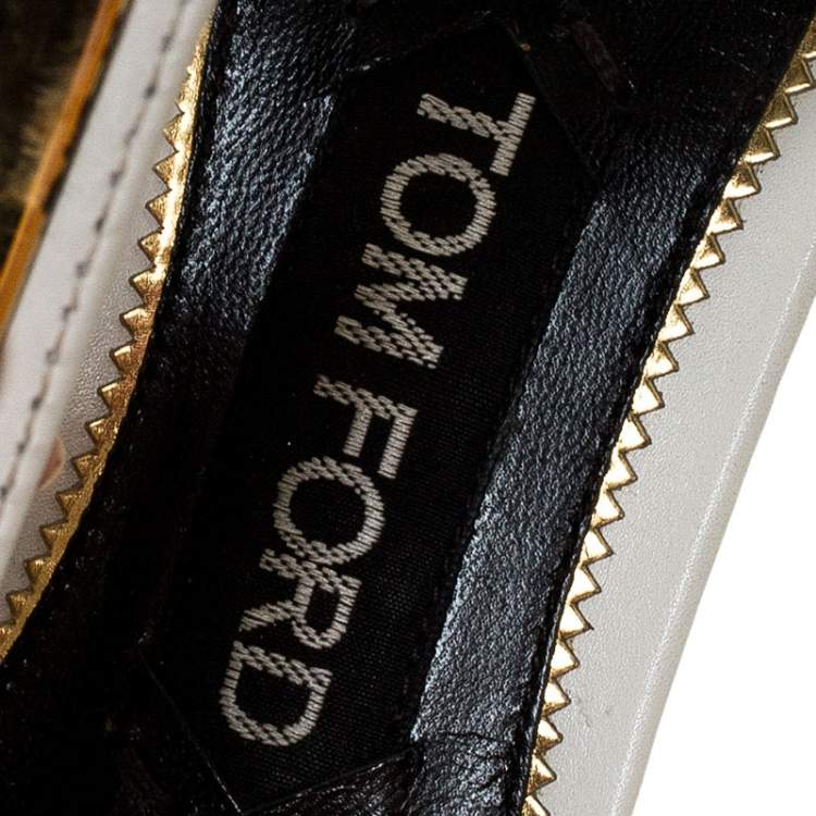 Pre Owned Tom Ford White Leather Gold-Tone Embellished T-Strap Open Toe Sandals Size 38