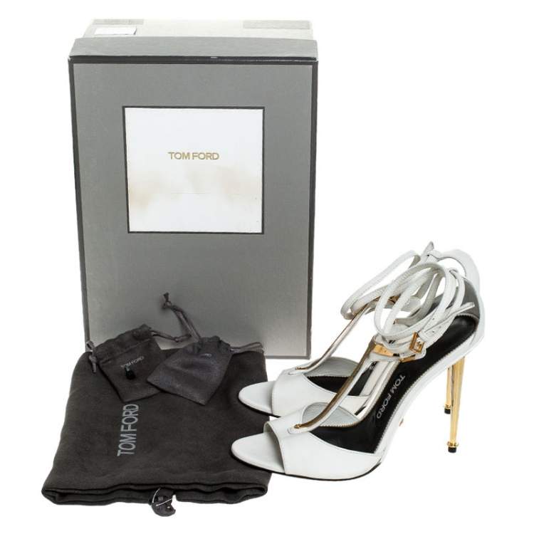Pre Owned Tom Ford White Leather Gold-Tone Embellished T-Strap Open Toe Sandals Size 38