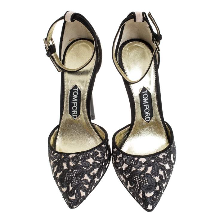Pre Owned Tom Ford Beige/Black Embroidered Suede D'Orsay Pointed Toe Ankle Strap Pumps Size 38