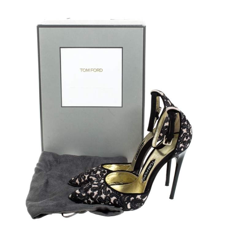 Pre Owned Tom Ford Beige/Black Embroidered Suede D'Orsay Pointed Toe Ankle Strap Pumps Size 38
