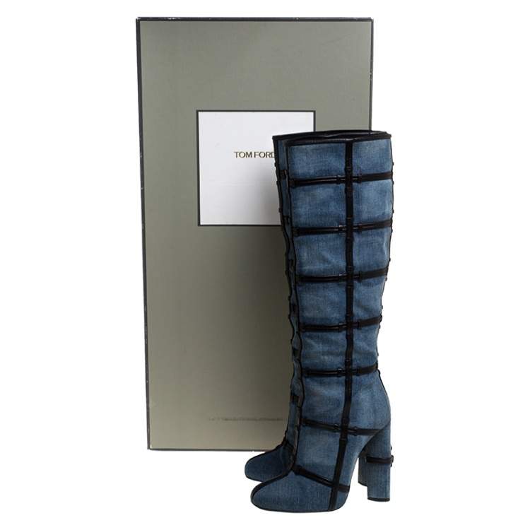 Pre Owned Tom Ford Denim Fabric And Leather Trim Patchwork Knee Length Boots Size 39