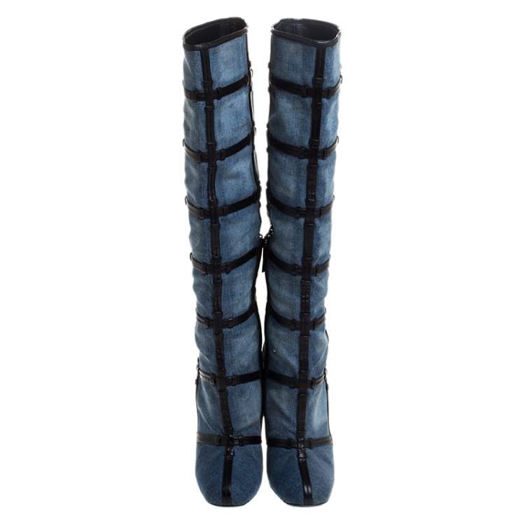 Pre Owned Tom Ford Denim Fabric And Leather Trim Patchwork Knee Length Boots Size 39