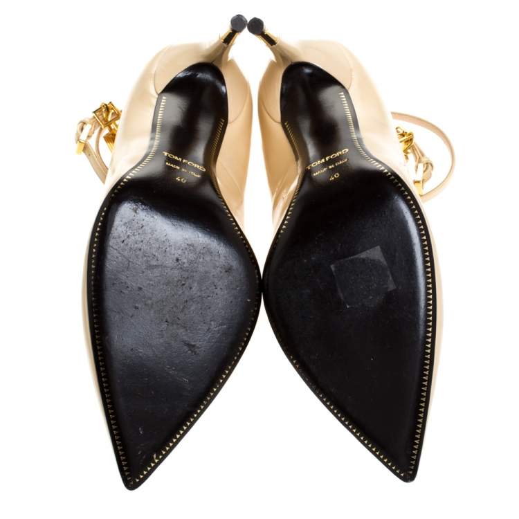 Pre Owned Tom Ford Beige Patent Leather Padlock Ankle Wrap Pointed Toe Pumps Size 40