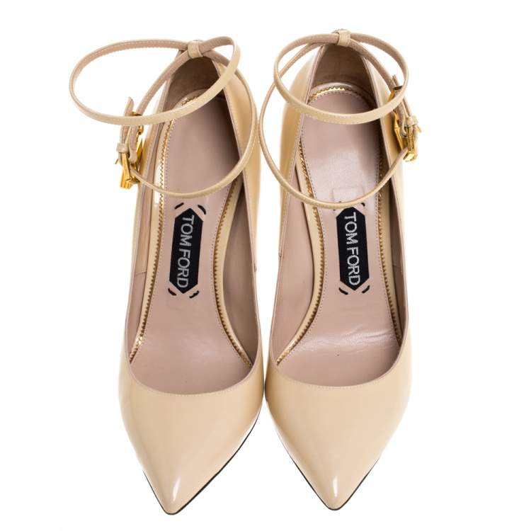 Pre Owned Tom Ford Beige Patent Leather Padlock Ankle Wrap Pointed Toe Pumps Size 40