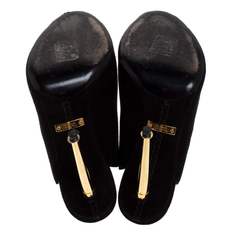 Pre Owned Tom Ford Black Suede Peep Toe Slide Mules Size 35