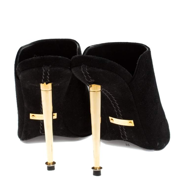 Pre Owned Tom Ford Black Suede Peep Toe Slide Mules Size 35