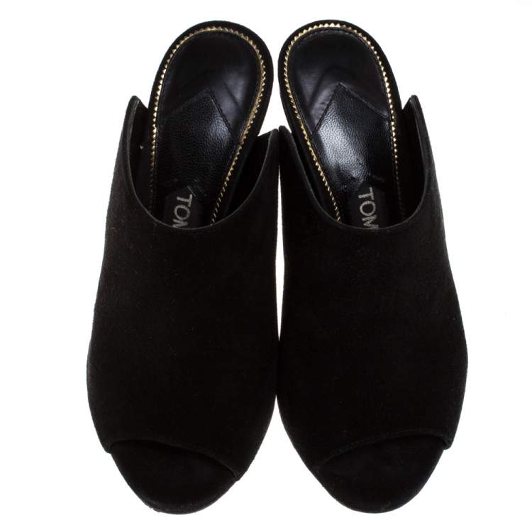 Pre Owned Tom Ford Black Suede Peep Toe Slide Mules Size 35